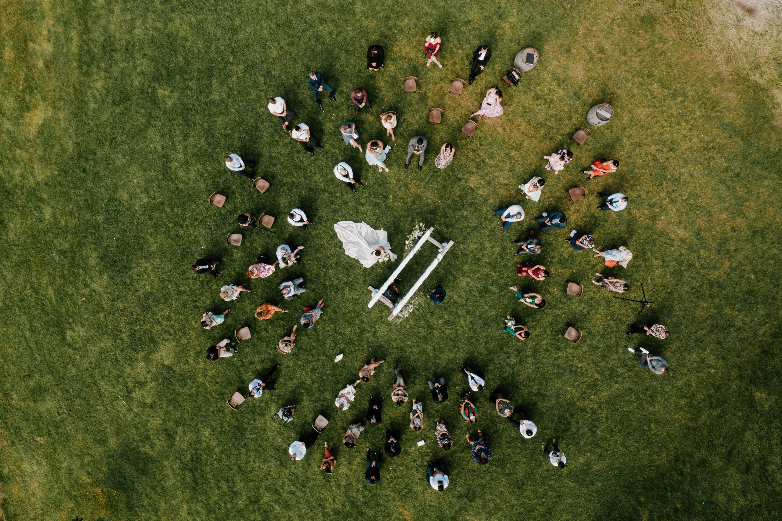 Drone photo of the wedding ceremony at the Stables in Matakana