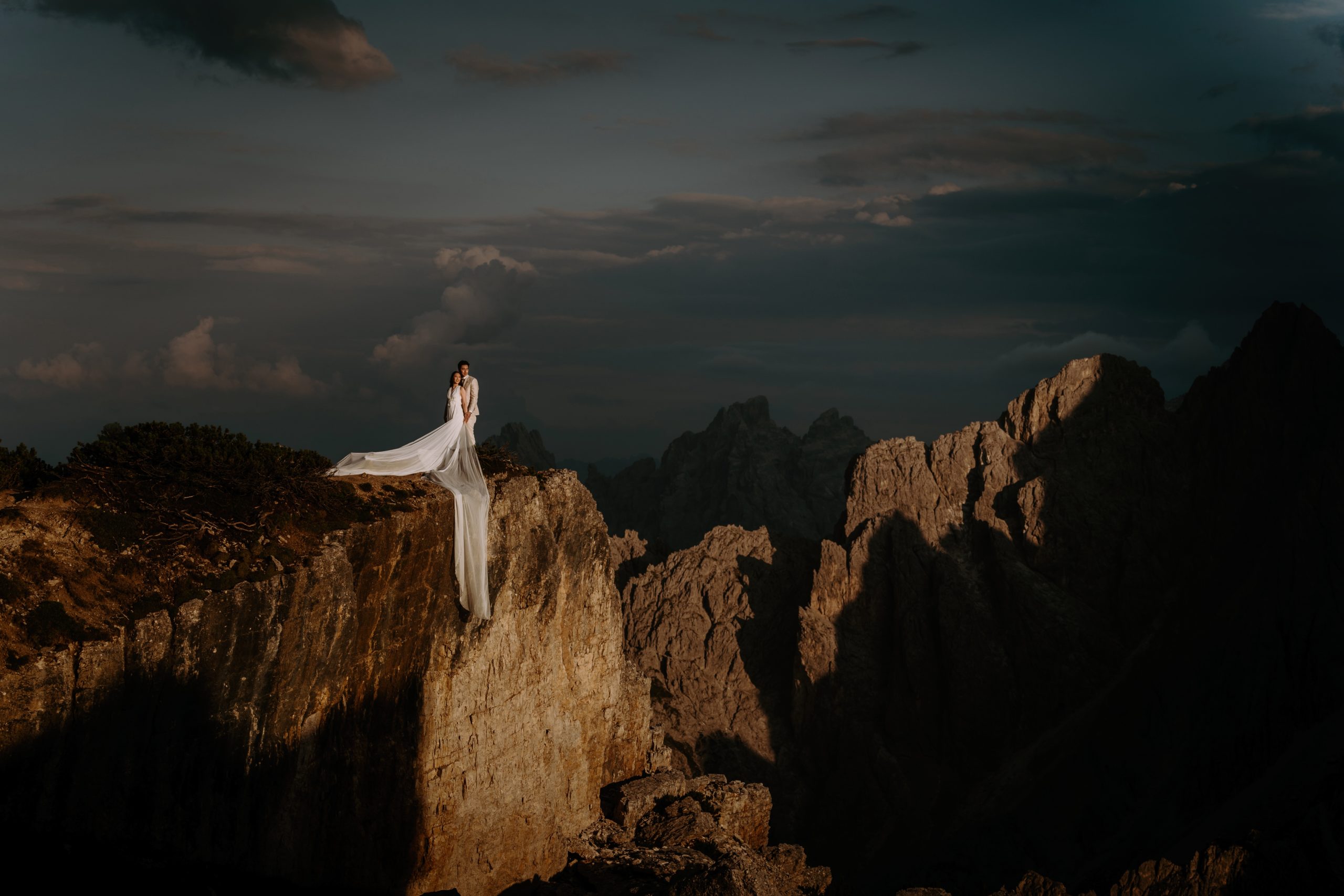 A couple during sunset at Tre Cime for their elopement photoshoot