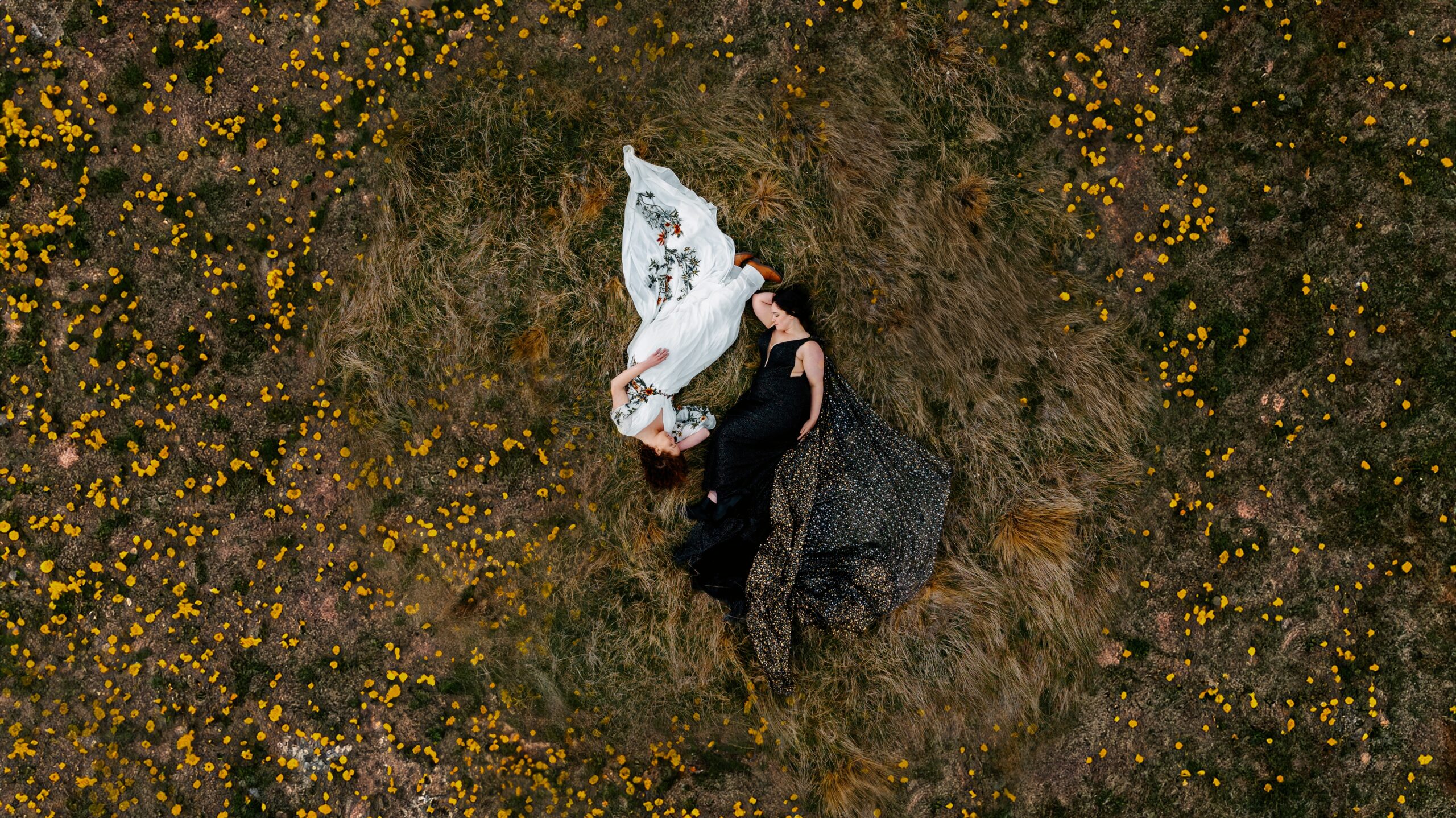 Drone Photo in Tekapo of two brides on their elopement