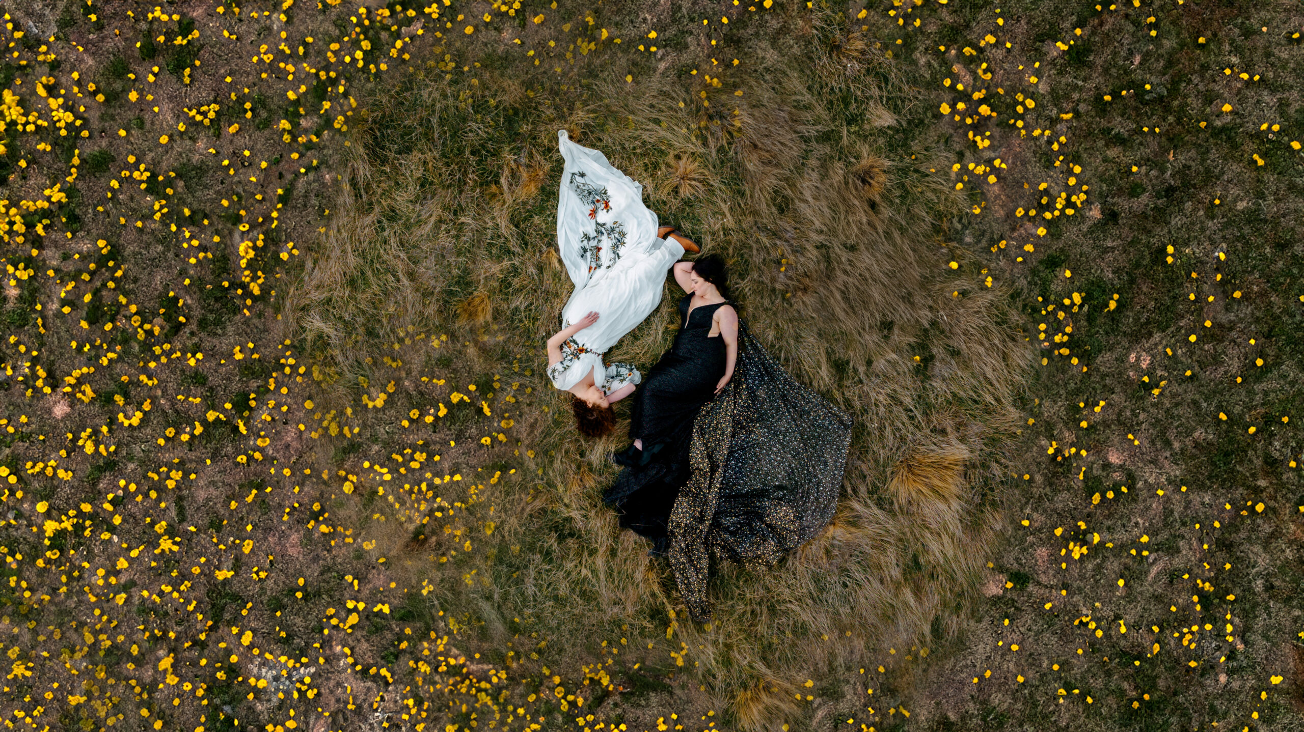 Drone Photo in Tekapo of two brides on their elopement