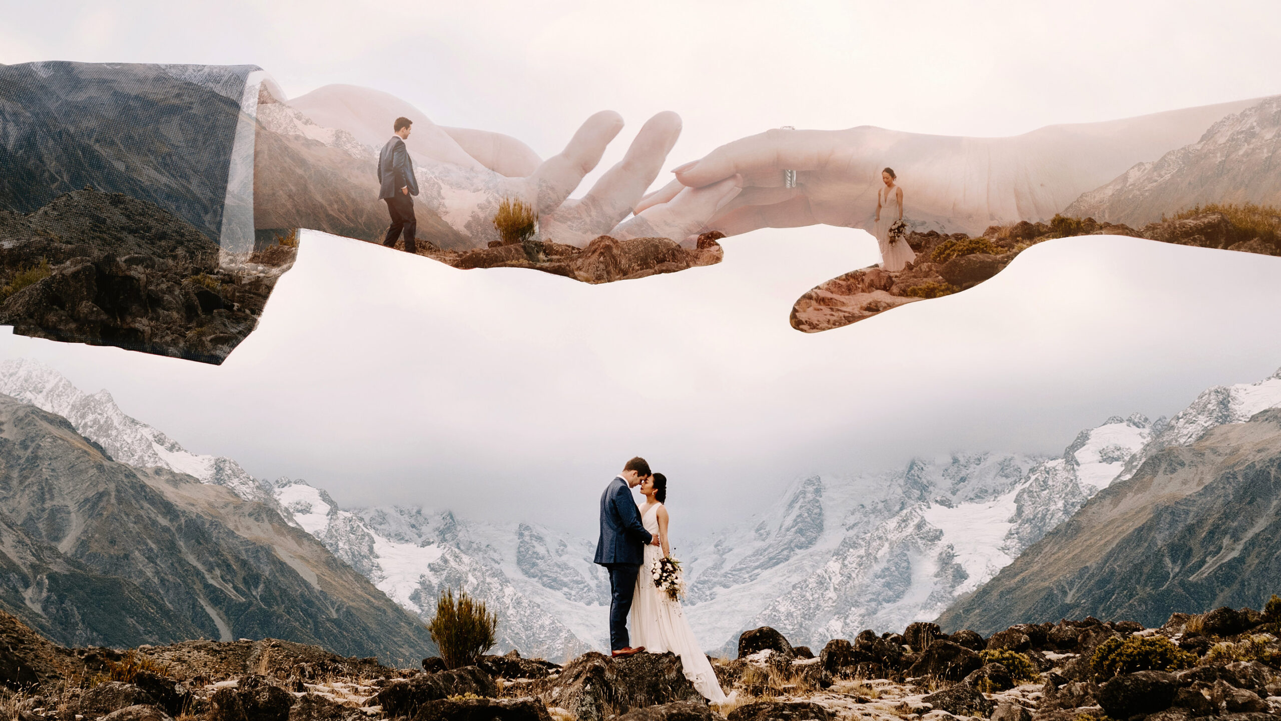 Double exposure photo of bride and groom in the Mount Cook National Park, Hooker Valley