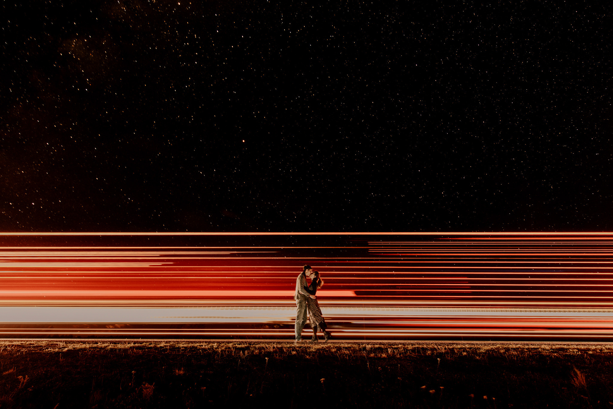 Bride and Groom with stars for night photography after their elopement in Mount Cook National Park