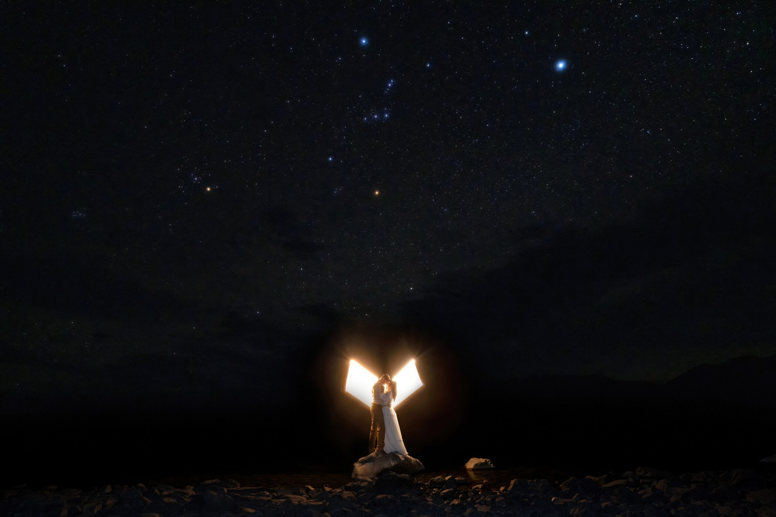 Photo of bride and Groom in the Dark Sky Reserve in Tekapo near Mount Cook National Park