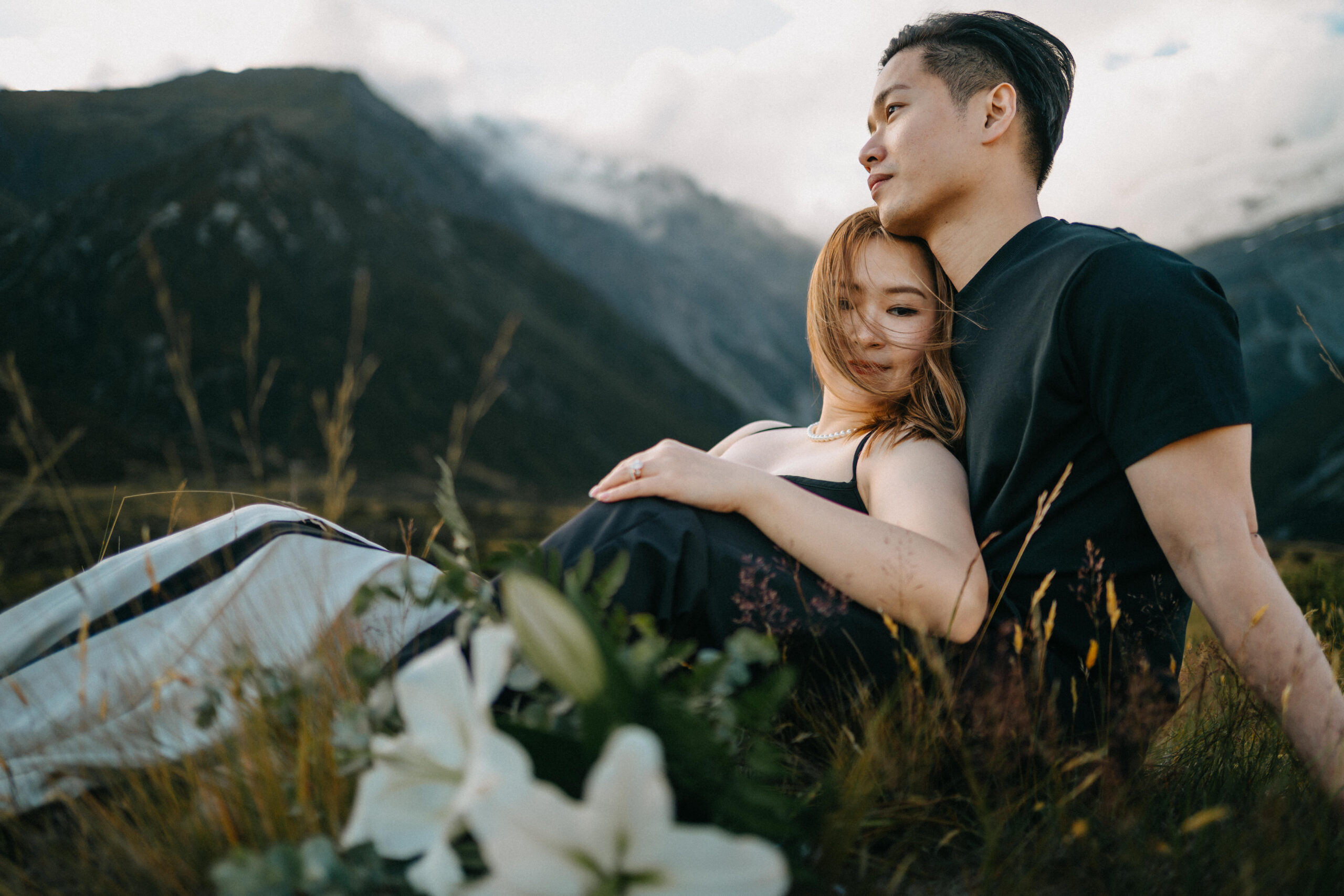 Couple taking in the views during their elopement in Mount Cook National Park
